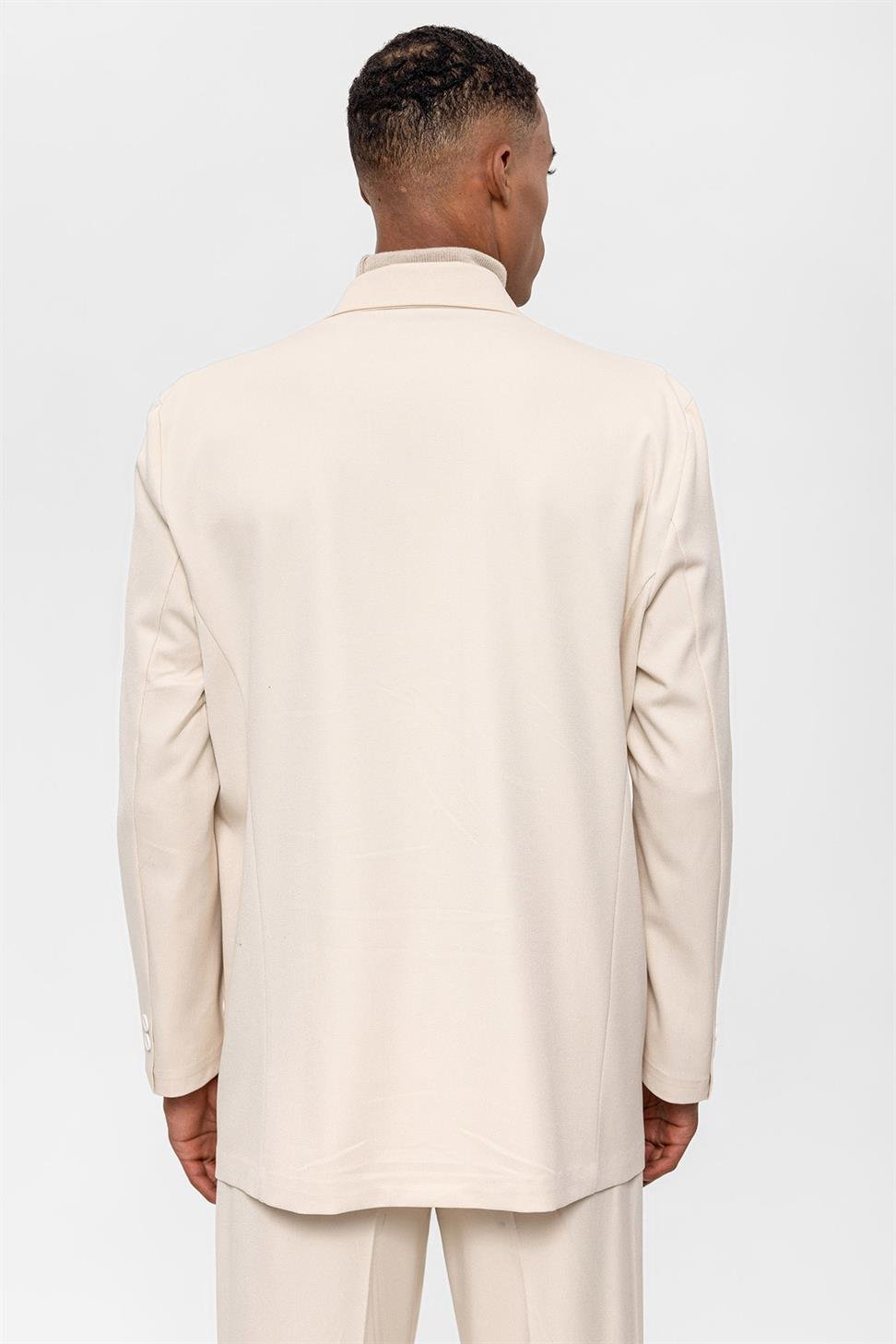 Antioch Ekru Kruvaze Kapama Gizli Cep Erkek Blazer Ceket
