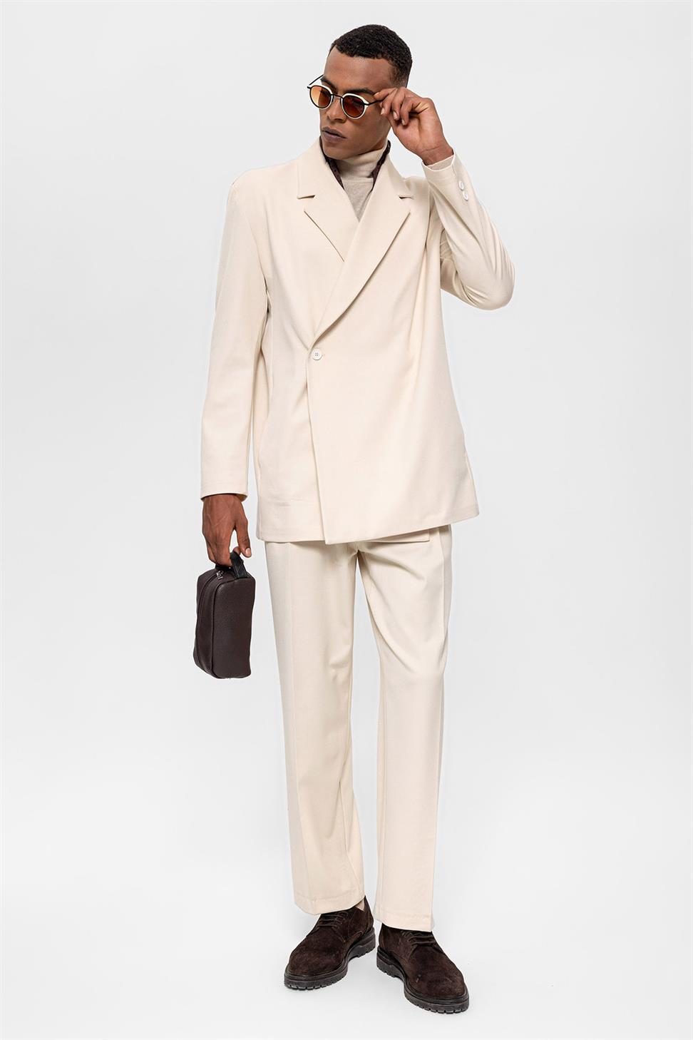 Antioch Ekru Kruvaze Kapama Gizli Cep Erkek Blazer Ceket