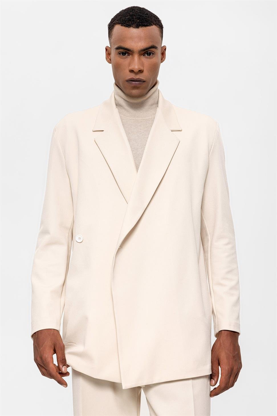 Antioch Ekru Kruvaze Kapama Gizli Cep Erkek Blazer Ceket