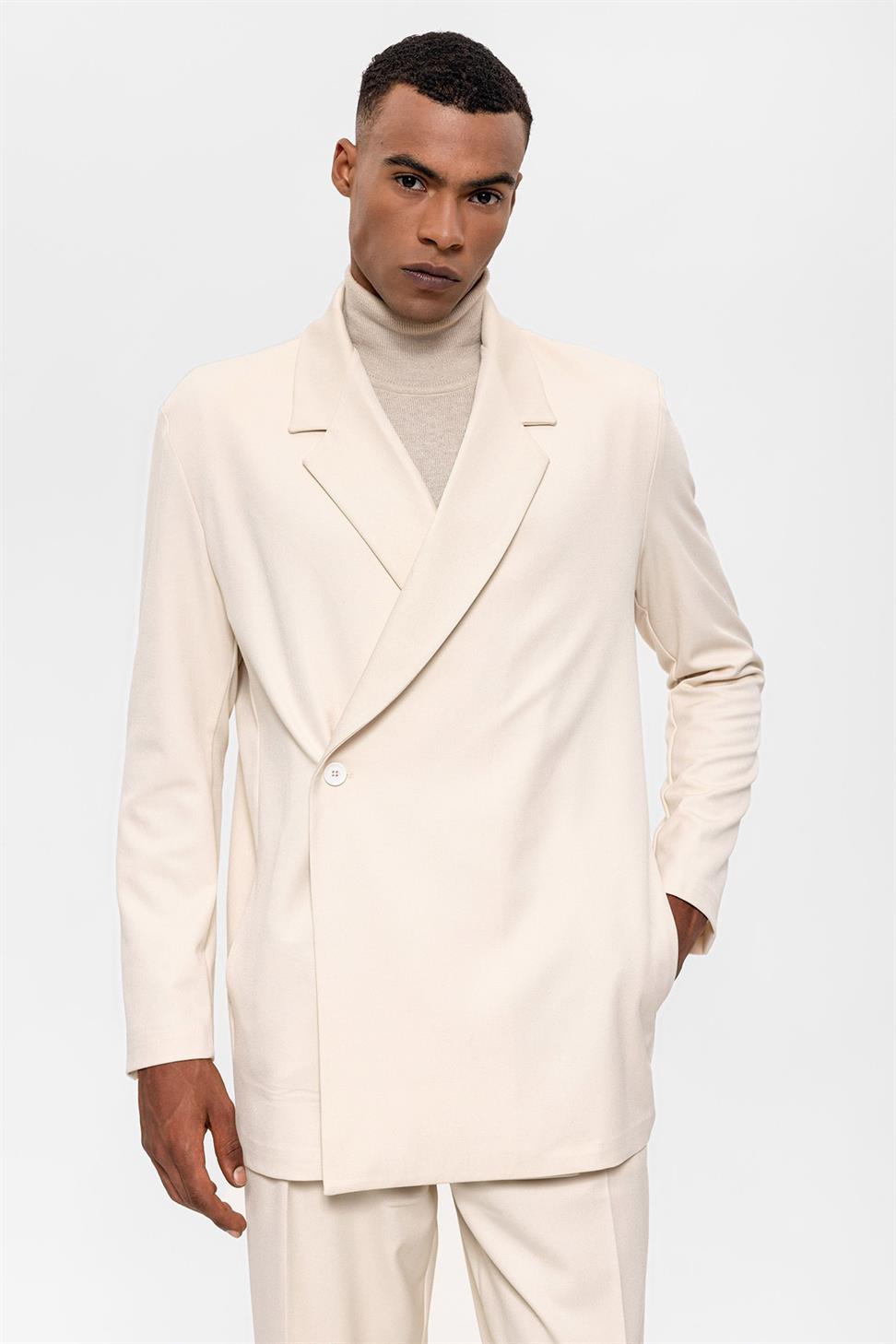 Antioch Ekru Kruvaze Kapama Gizli Cep Erkek Blazer Ceket