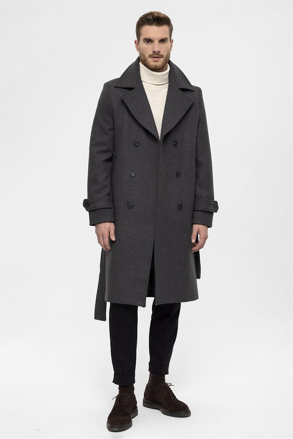معطف رجالي بحزام إغلاق مزدوج الصدر
