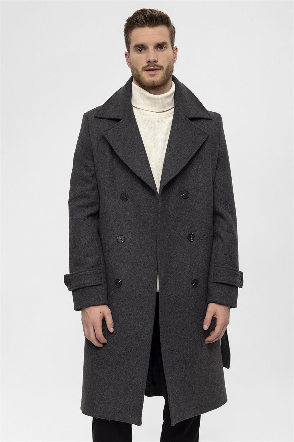 معطف رجالي بحزام إغلاق مزدوج الصدر