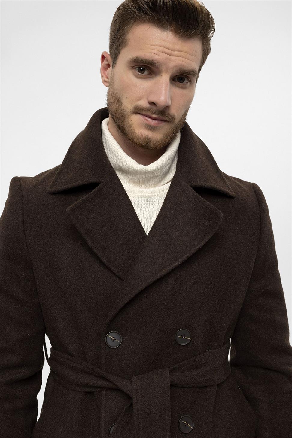 معطف رجالي بحزام إغلاق مزدوج الصدر