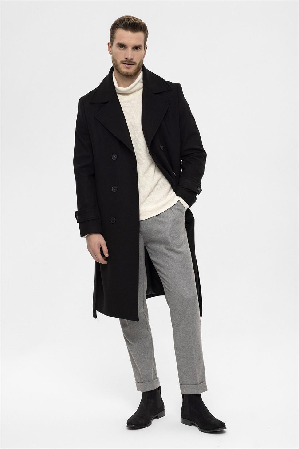 معطف رجالي بحزام إغلاق مزدوج الصدر