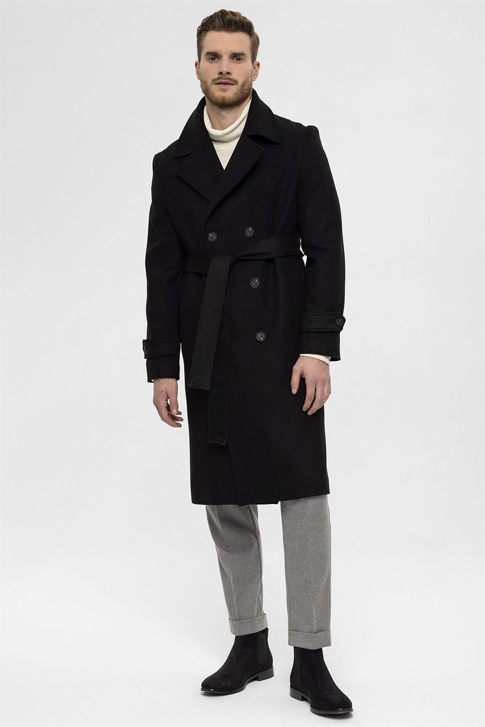 معطف رجالي بحزام إغلاق مزدوج الصدر