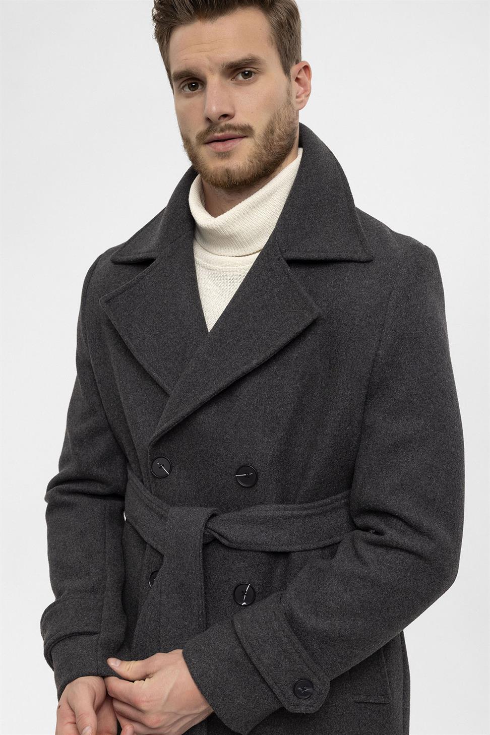 معطف رجالي بحزام إغلاق مزدوج الصدر