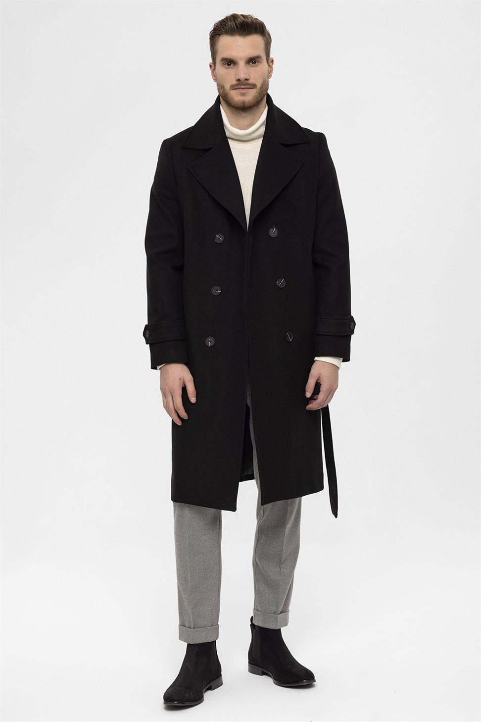 معطف رجالي بحزام إغلاق مزدوج الصدر