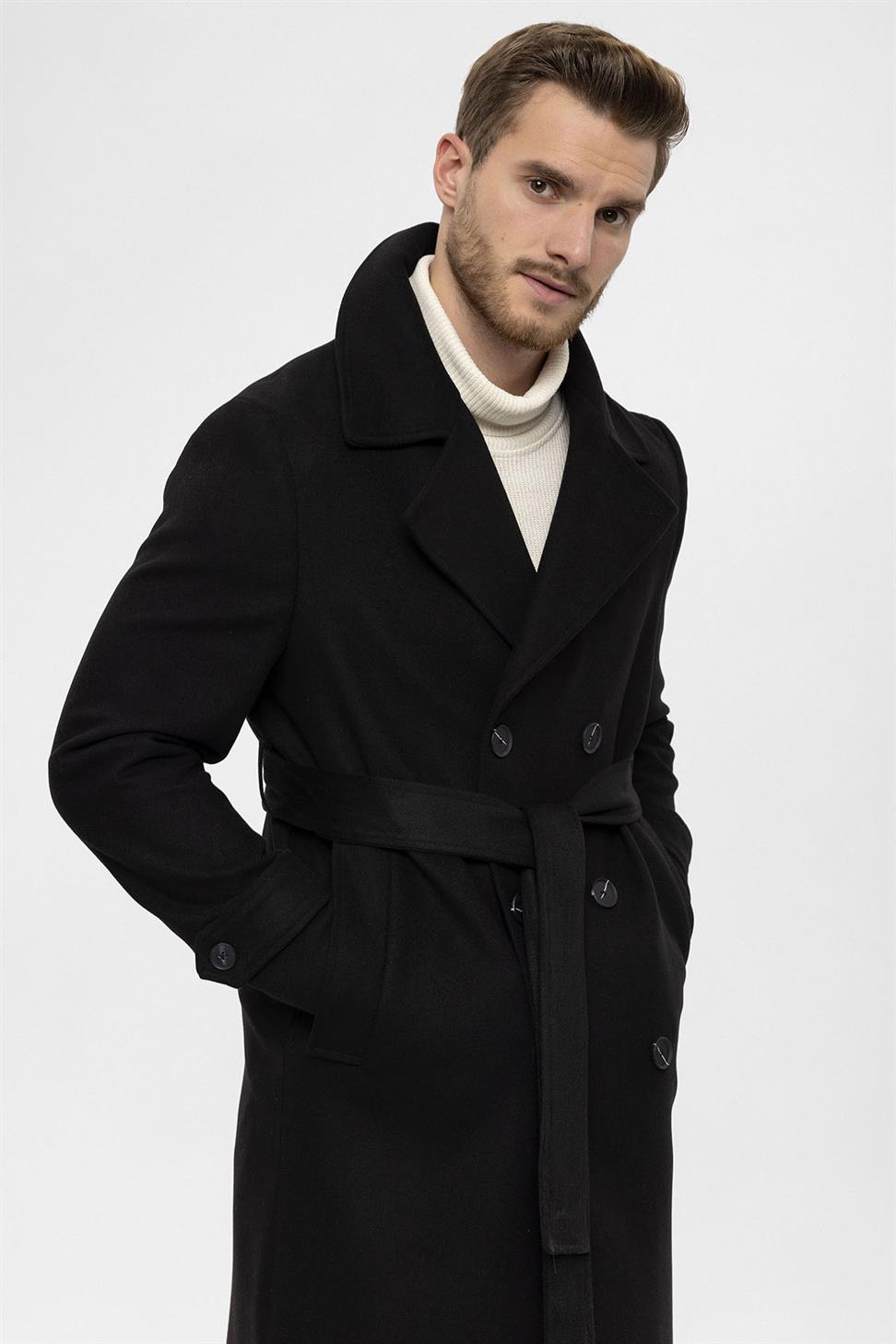 معطف رجالي بحزام إغلاق مزدوج الصدر