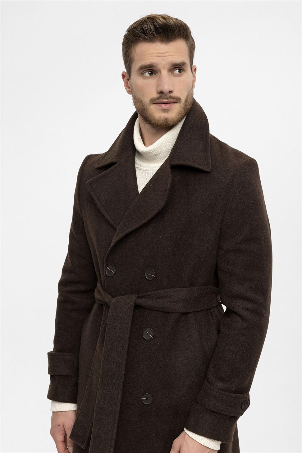 معطف رجالي بحزام إغلاق مزدوج الصدر