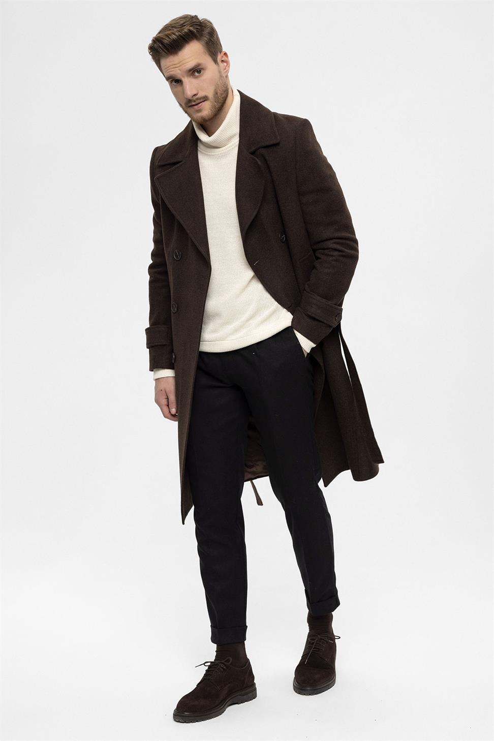 معطف رجالي بحزام إغلاق مزدوج الصدر