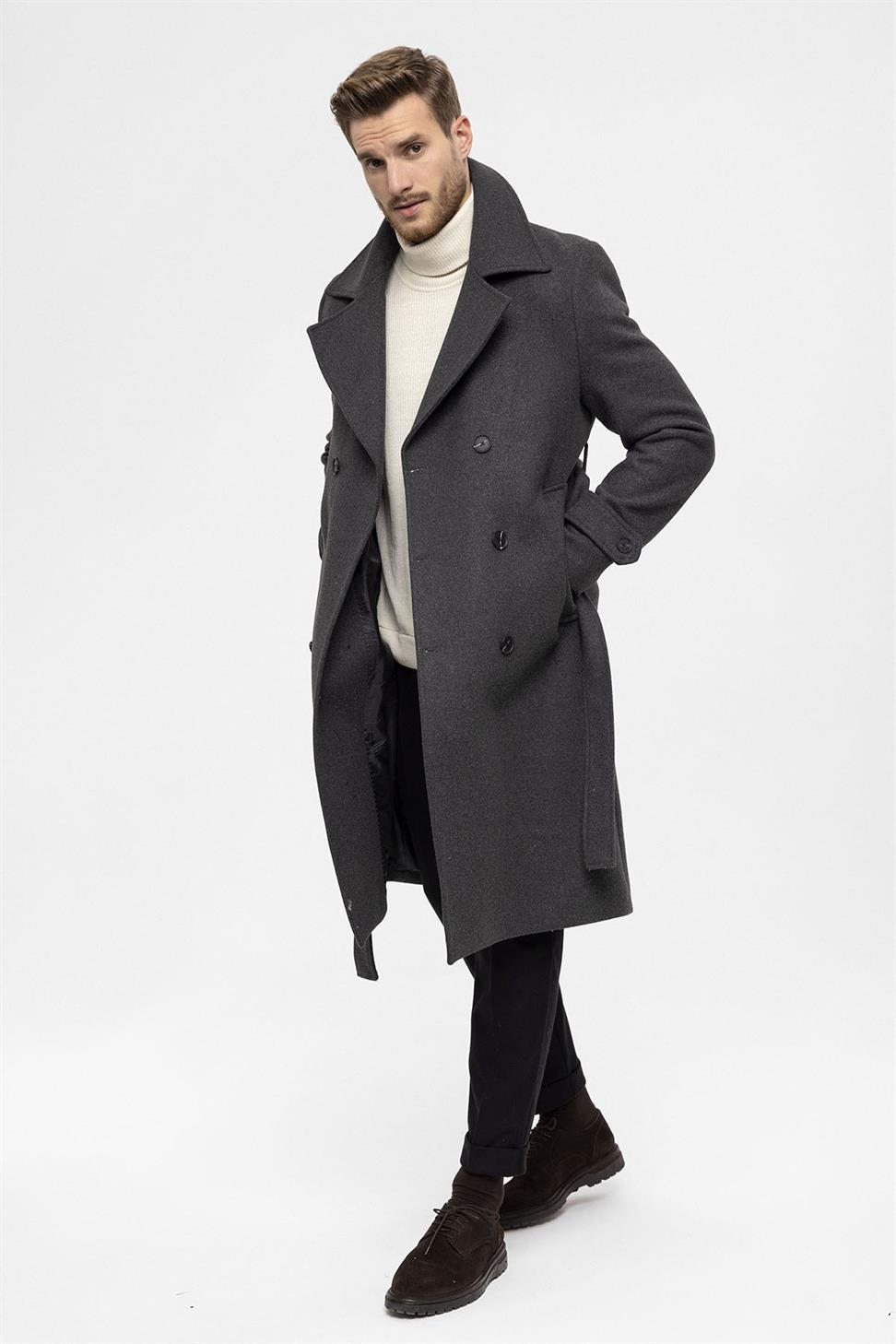 معطف رجالي بحزام إغلاق مزدوج الصدر