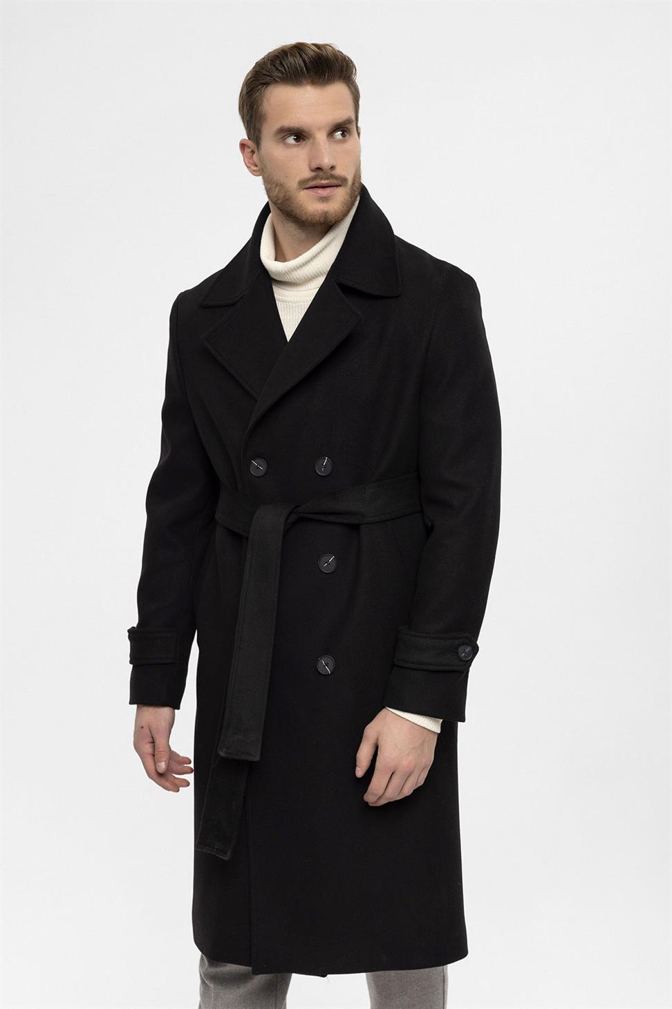 معطف رجالي بحزام إغلاق مزدوج الصدر