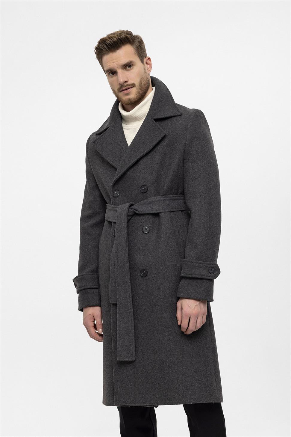 معطف رجالي بحزام إغلاق مزدوج الصدر