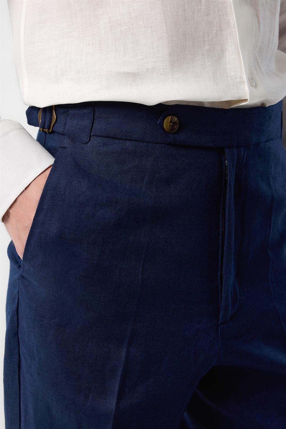 Antioch Lacivert 100% Keten İtalyan Kesim Erkek Pantolon