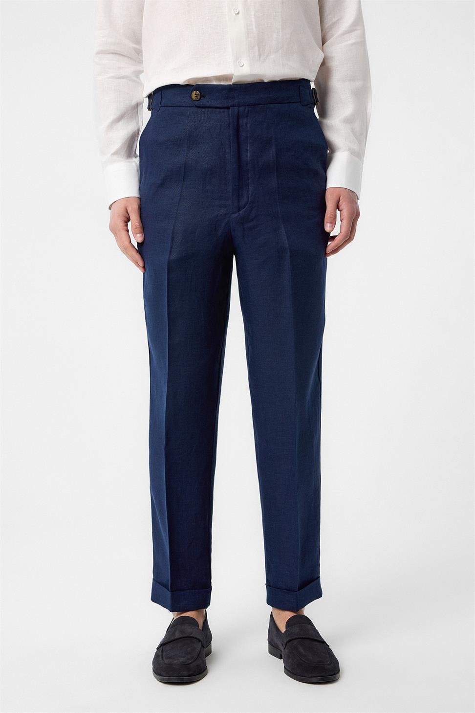 Antioch Lacivert 100% Keten İtalyan Kesim Erkek Pantolon