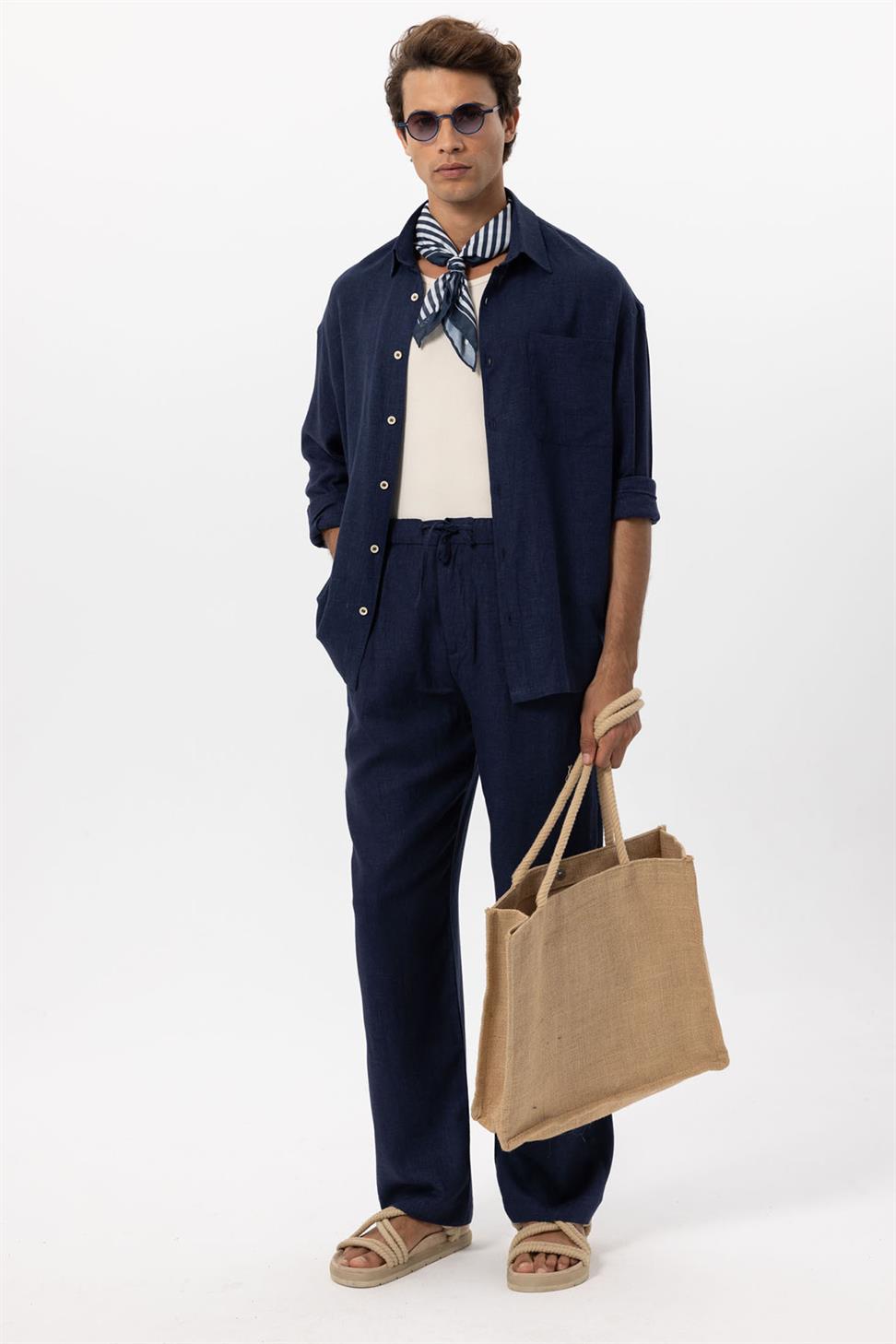 بنطلون رجالي فضفاض من مزيج الكتان للرجال برباط خصر