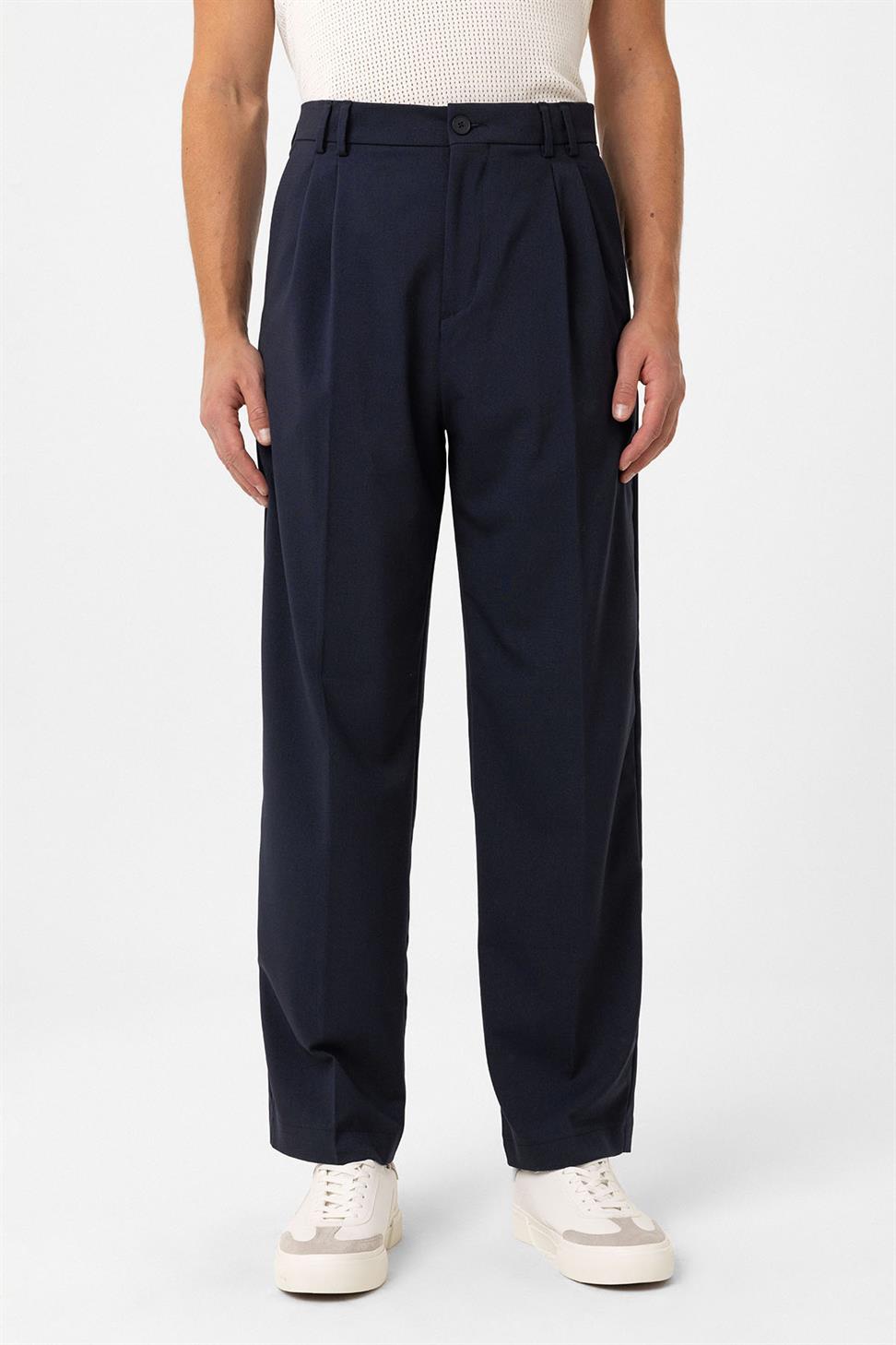 Antioch Lacivert Çift Pileli Baggy Fit Erkek Pantolon