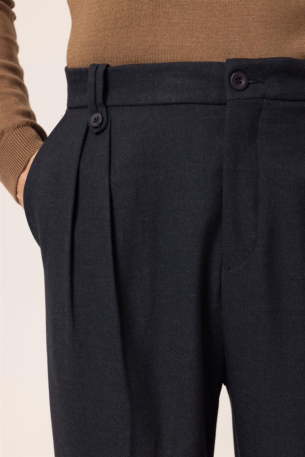 Antioch Lacivert Çift Pileli Yüksek Bel Erkek Pantolon