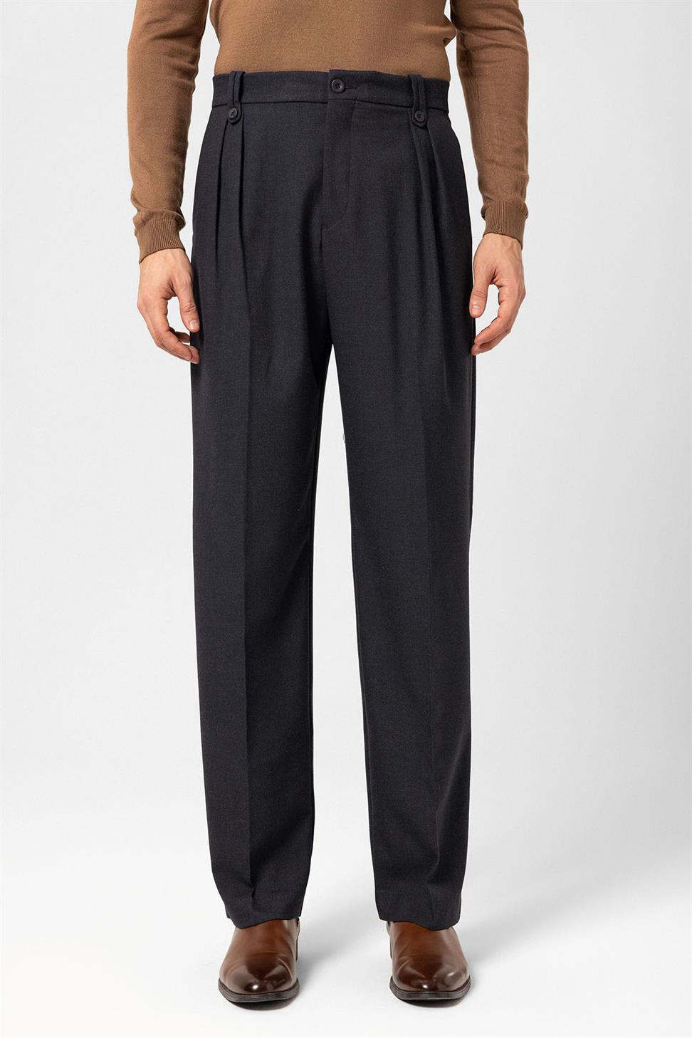 Antioch Lacivert Çift Pileli Yüksek Bel Erkek Pantolon