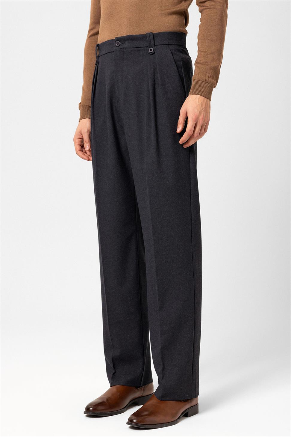 Antioch Lacivert Çift Pileli Yüksek Bel Erkek Pantolon