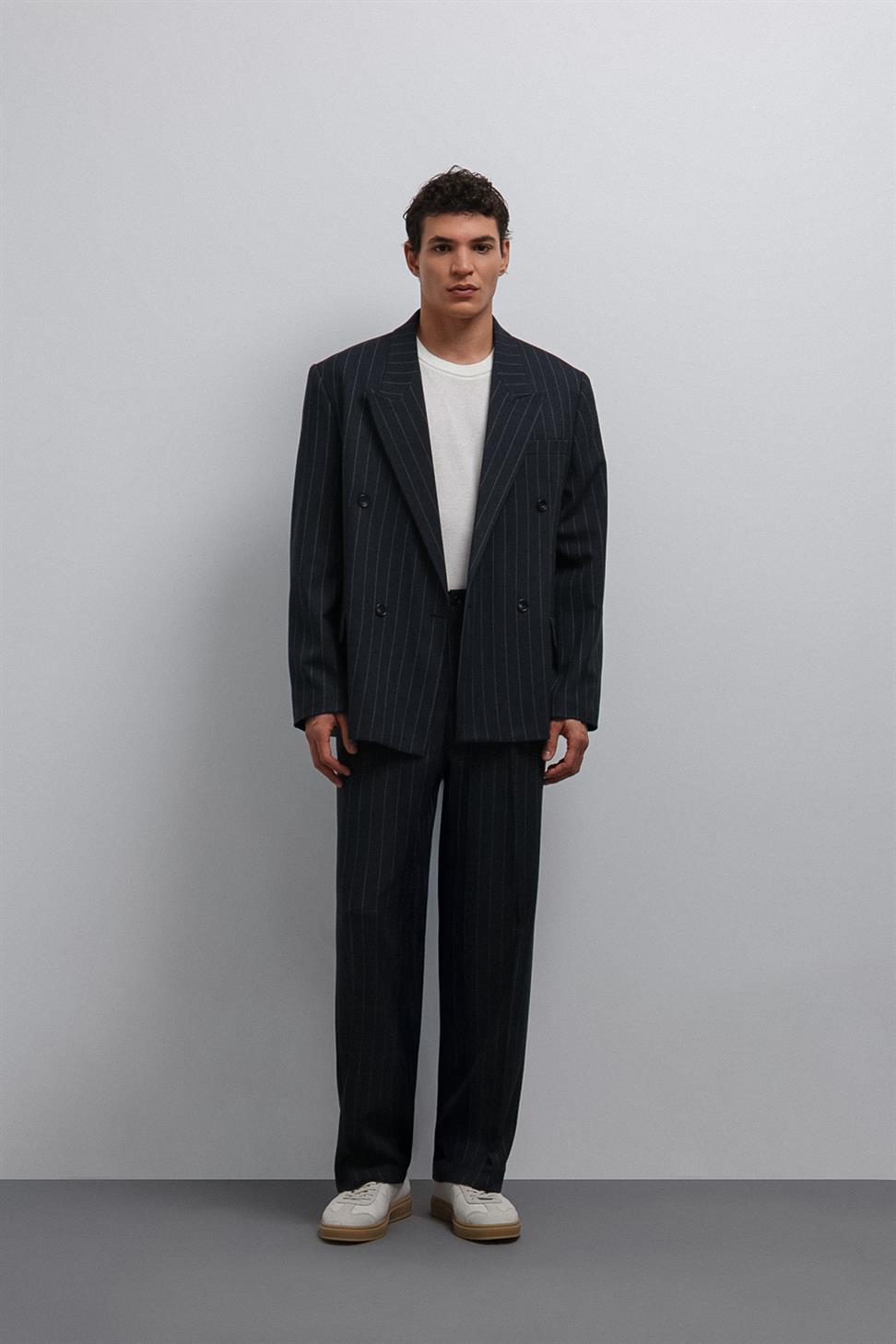 Antioch Lacivert Çizgili Kruvaze Erkek Blazer Ceket