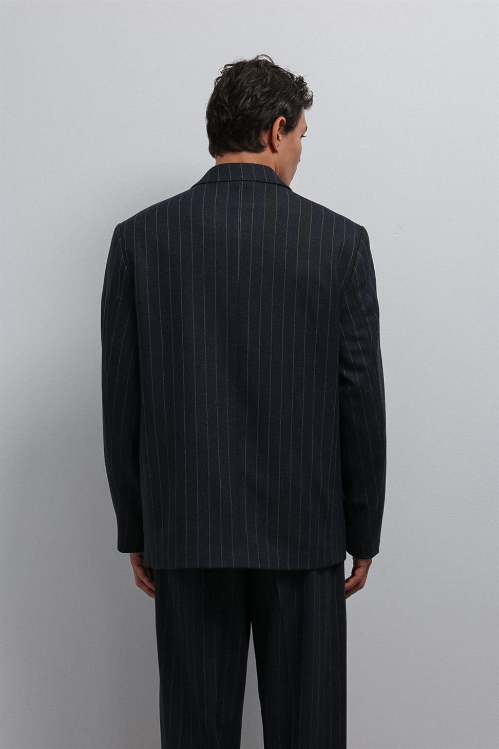 Antioch Lacivert Çizgili Kruvaze Erkek Blazer Ceket