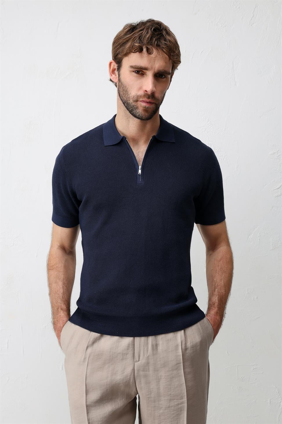 Antioch Lacivert Comfort Slim Fermuarlı Erkek Triko T-Shirt