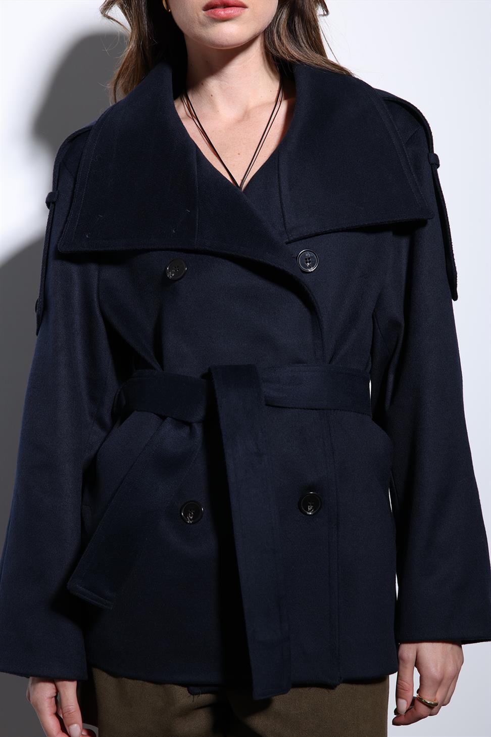 Antioch Lacivert Dik Yaka Kruvaze Kadın Kaban