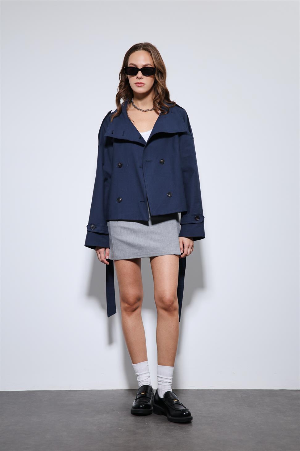 Antioch Lacivert Dik Yaka Kruvaze Trençkot