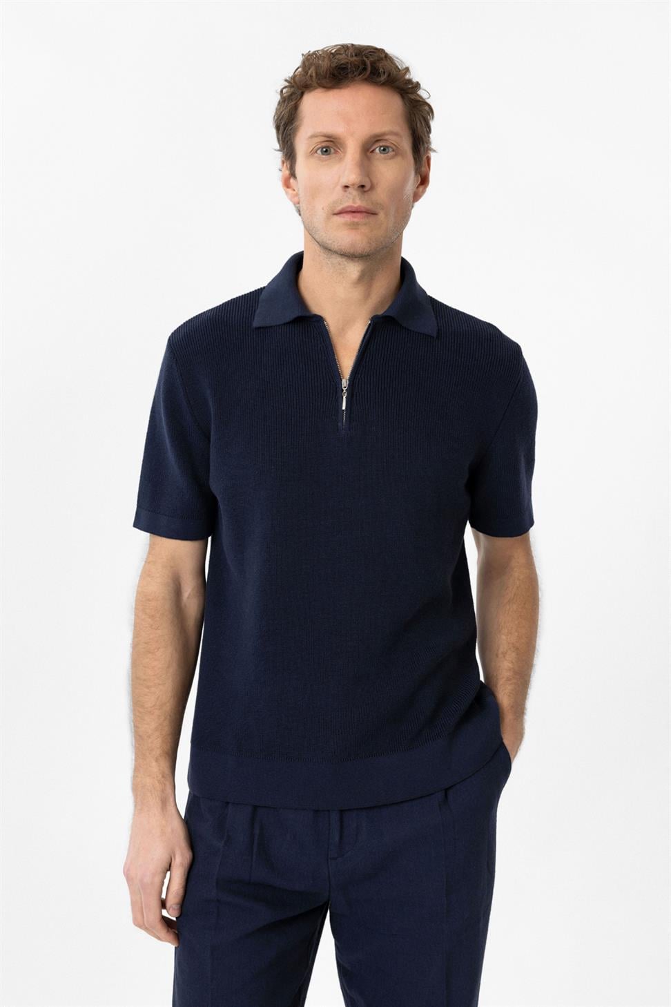 Zippered Knit Mens Polo Neck T-Shirt