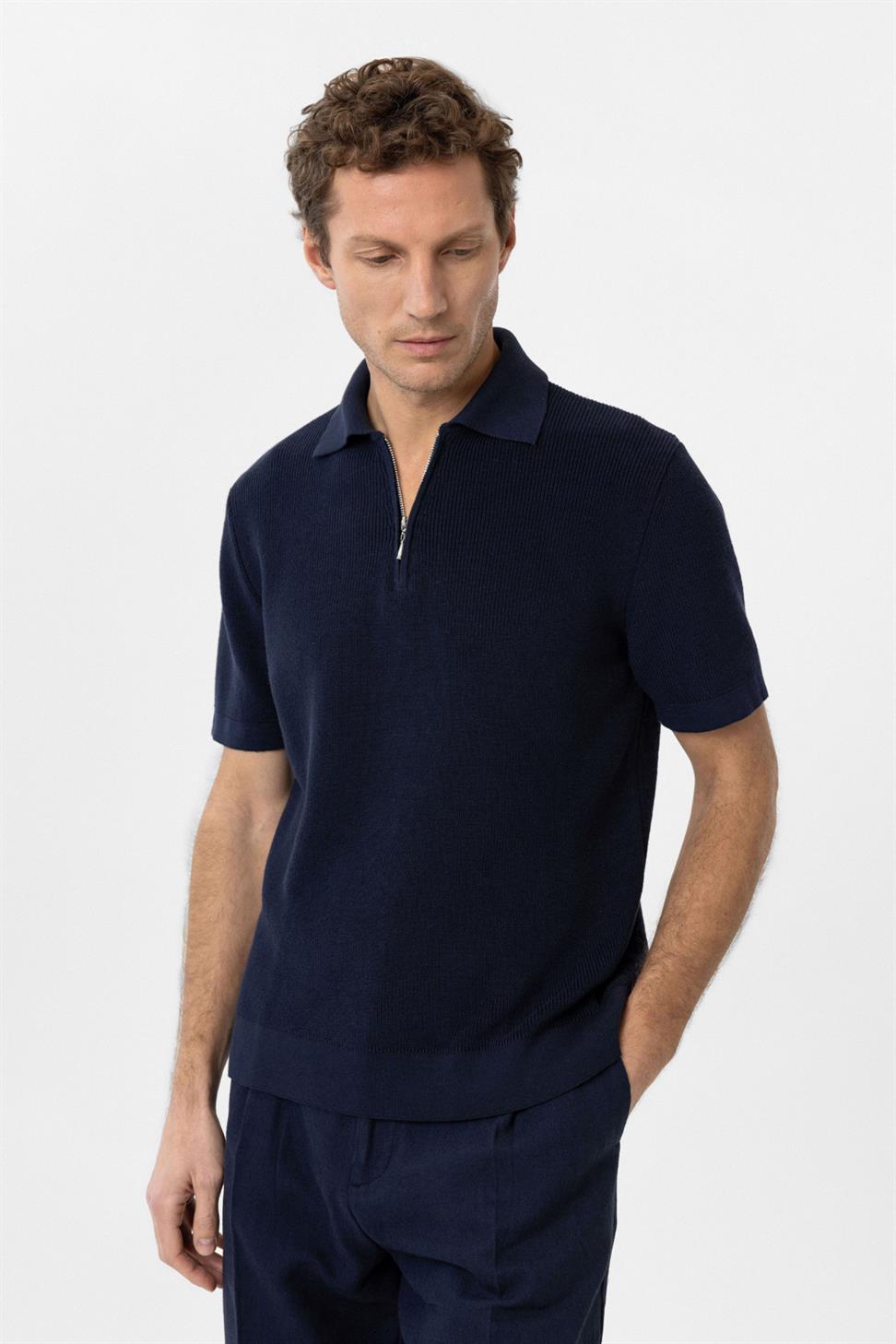 Antioch Lacivert Fermuarlı Dokuma Erkek Triko T-Shirt