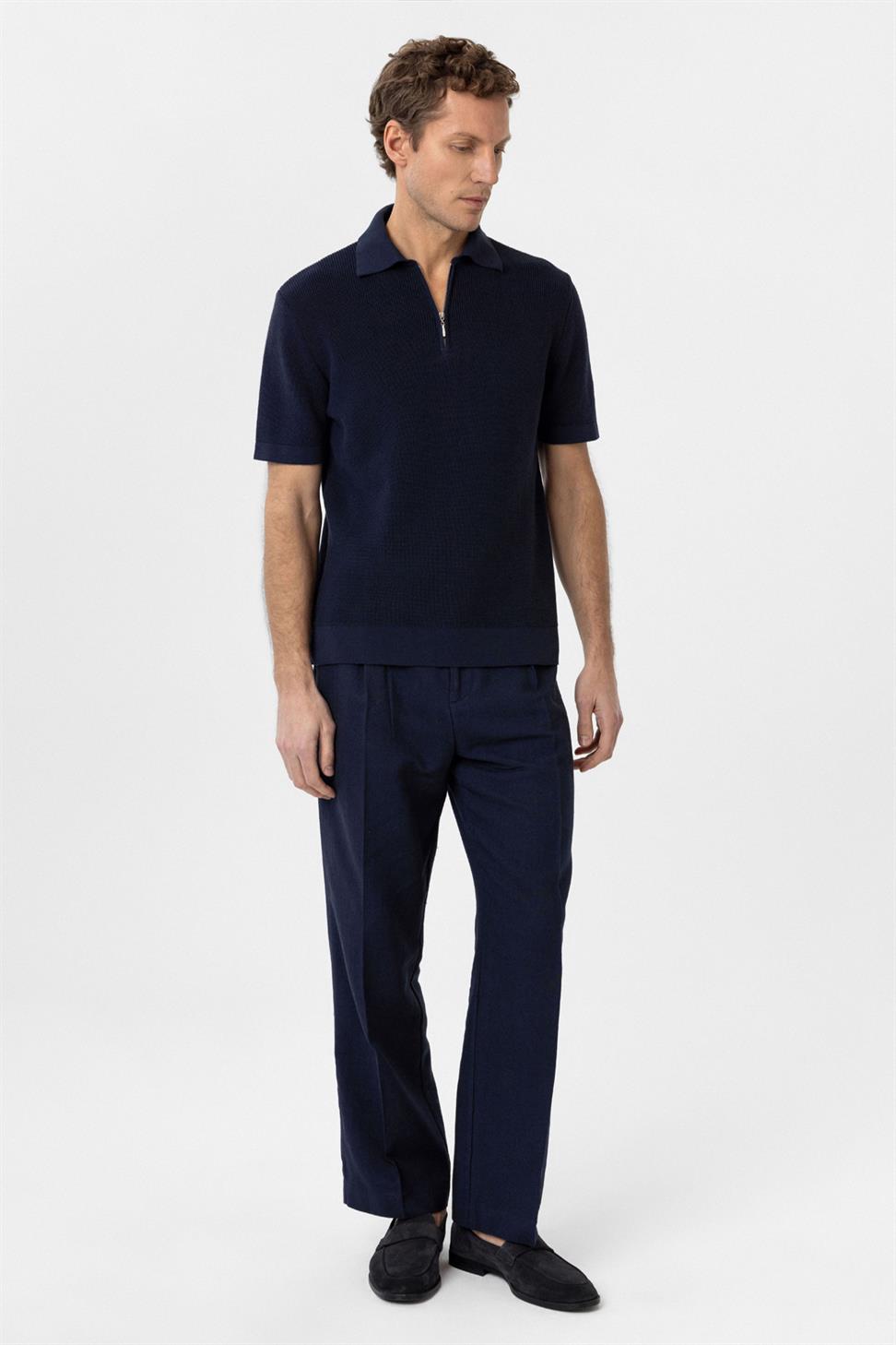 Antioch Lacivert Fermuarlı Dokuma Erkek Triko T-Shirt