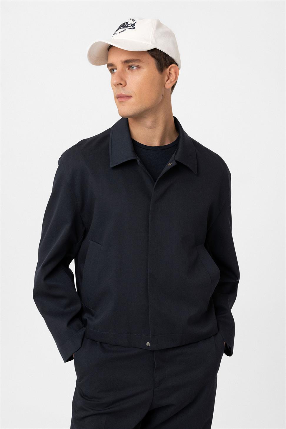 Antioch Lacivert Gizli Düğme Mevsimlik Relax Fit Erkek Mont