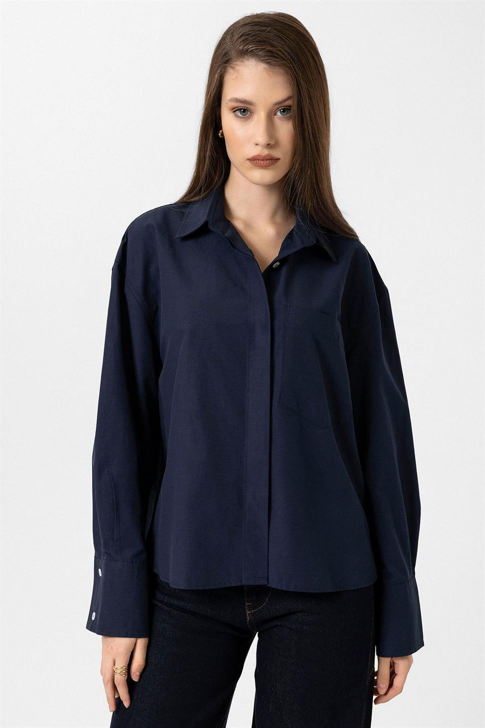 Antioch Lacivert Kadın Basic Poplin Gömlek