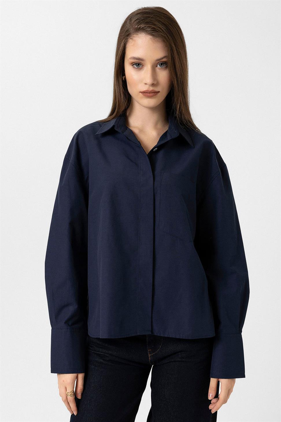 Antioch Lacivert Kadın Basic Poplin Gömlek