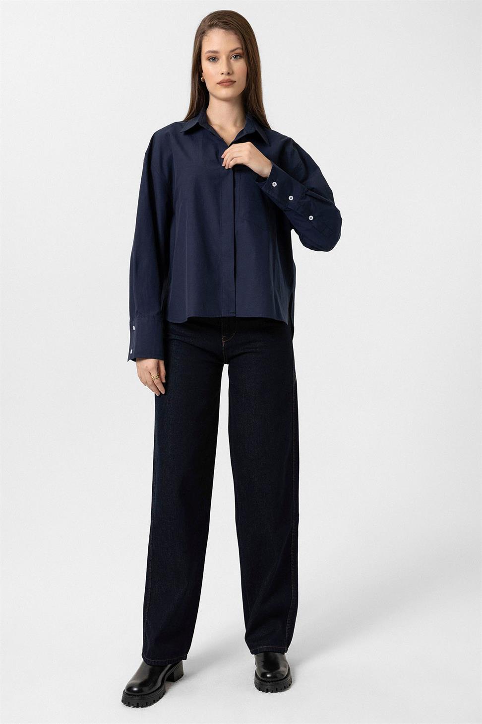 Antioch Lacivert Kadın Basic Poplin Gömlek