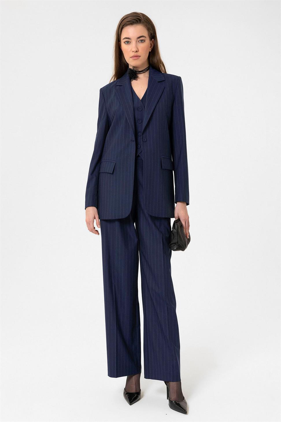 Antioch Lacivert Kadın Çizgili Düğme Kapama Yelek