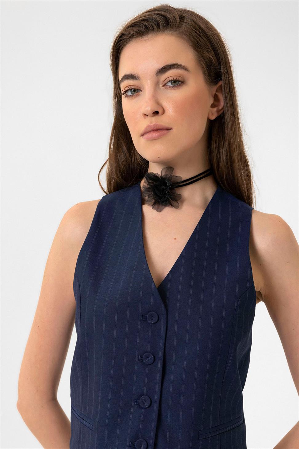 Antioch Lacivert Kadın Çizgili Düğme Kapama Yelek