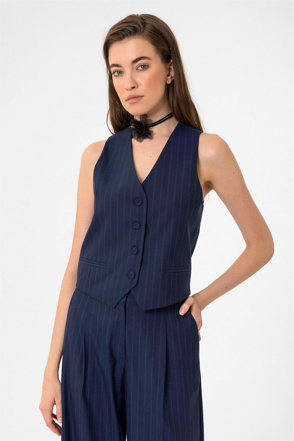 Antioch Lacivert Kadın Çizgili Düğme Kapama Yelek