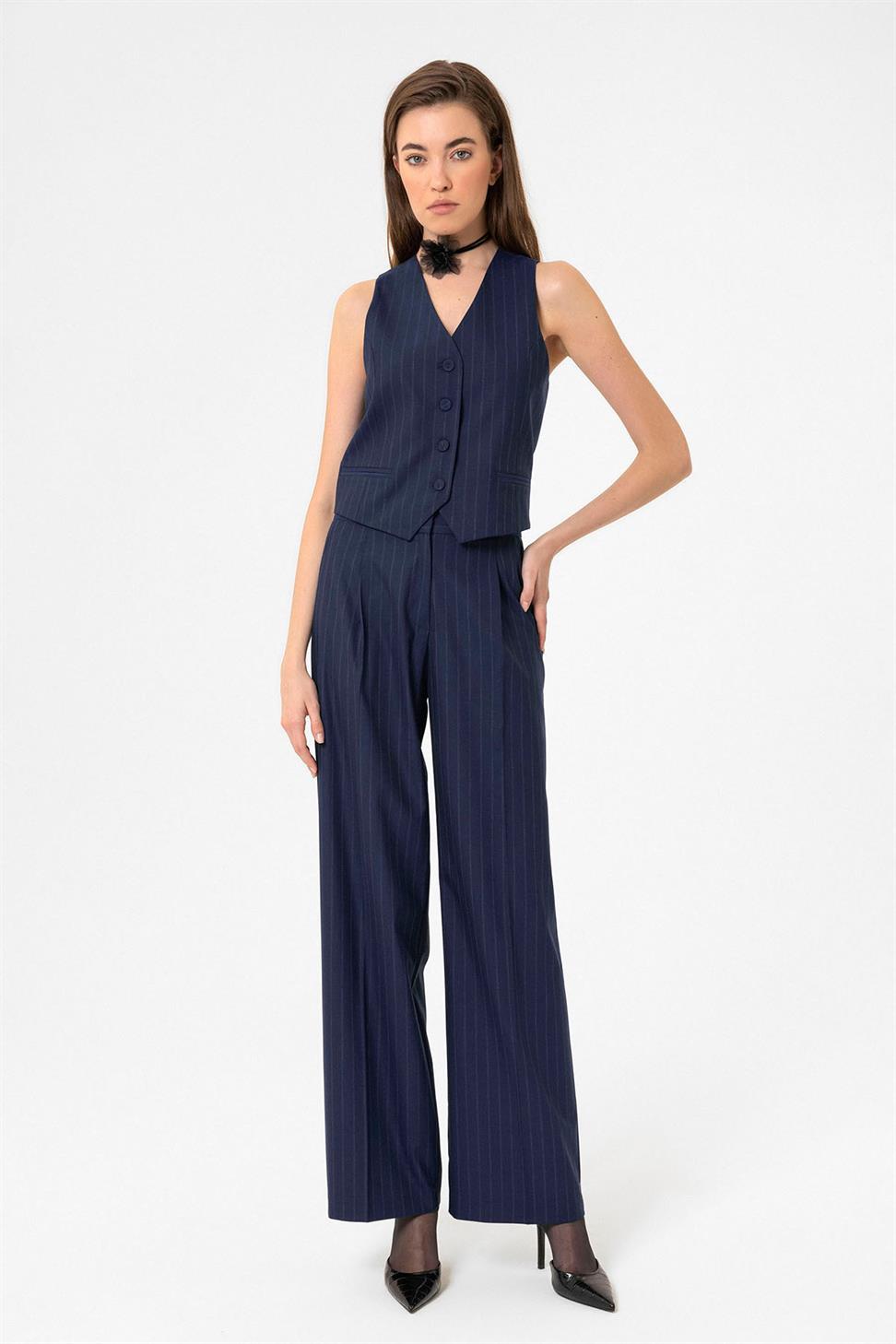 Antioch Lacivert Kadın Çizgili Düğme Kapama Yelek