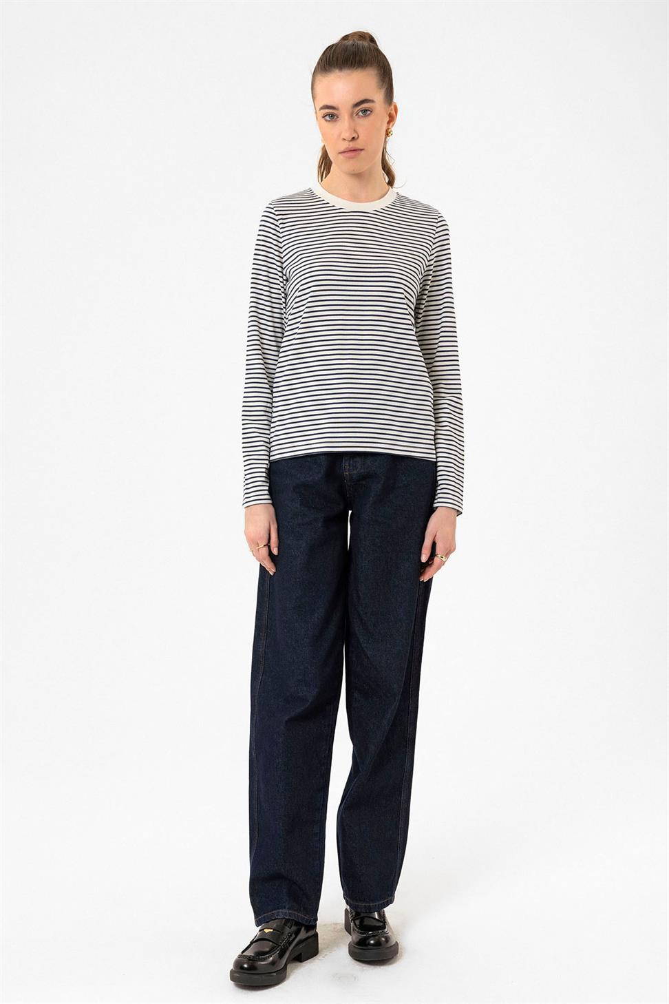 Antioch Lacivert Kadın Çizgili Mevsimlik Kazak