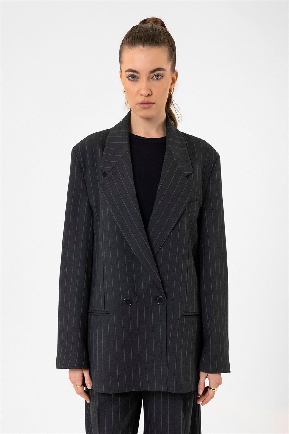 Antioch Lacivert Kadın Çizgili Oversize Blazer Ceket