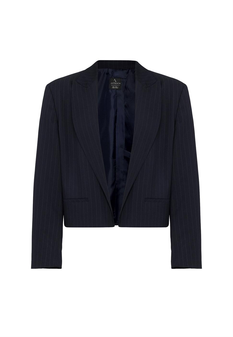 Antioch Lacivert Kadın İnce Çizgili Crop Blazer Ceket