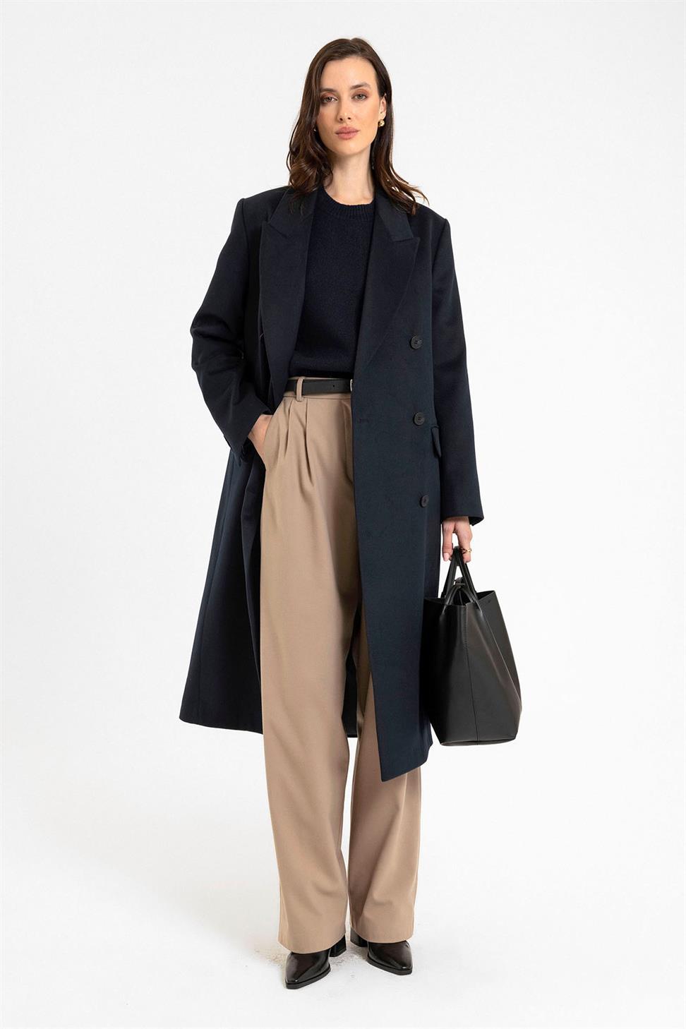 Antioch Lacivert Kadın Kruvaze Uzun Kaban