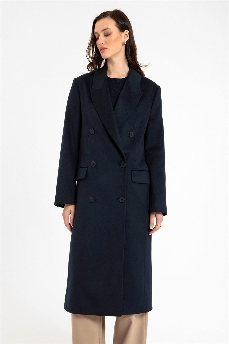 Antioch Lacivert Kadın Kruvaze Uzun Kaban