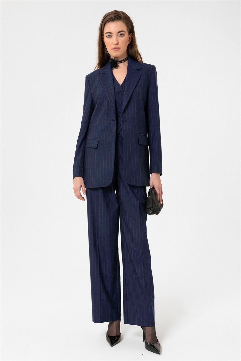 Antioch Lacivert Kadın Tek Düğme Çizgili Blazer Ceket