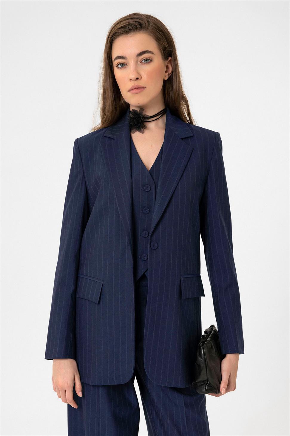 Antioch Lacivert Kadın Tek Düğme Çizgili Blazer Ceket