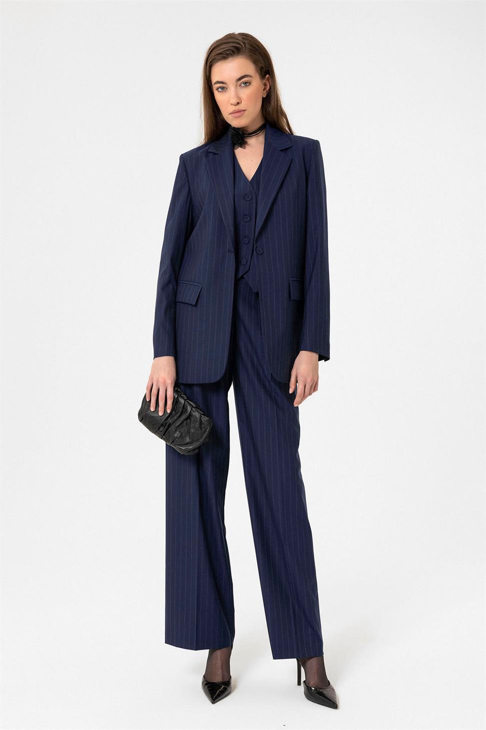 Antioch Lacivert Kadın Tek Düğme Çizgili Blazer Ceket