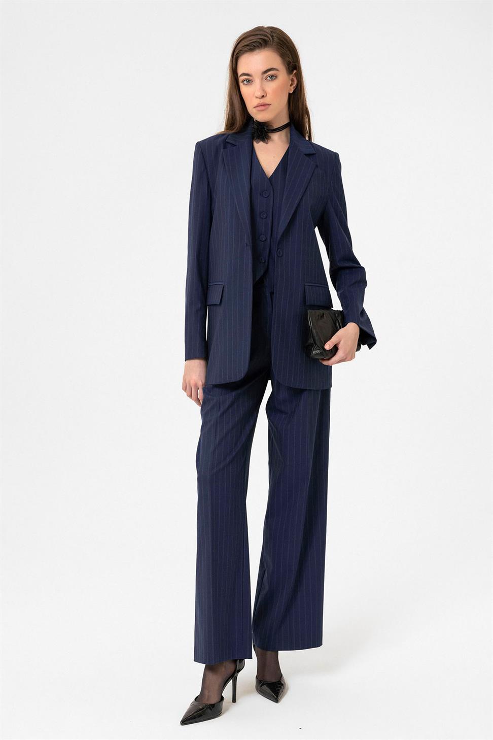 Antioch Lacivert Kadın Yüksek Bel Çizgili Pantolon