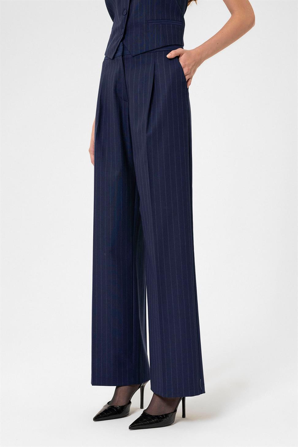 Antioch Lacivert Kadın Yüksek Bel Çizgili Pantolon